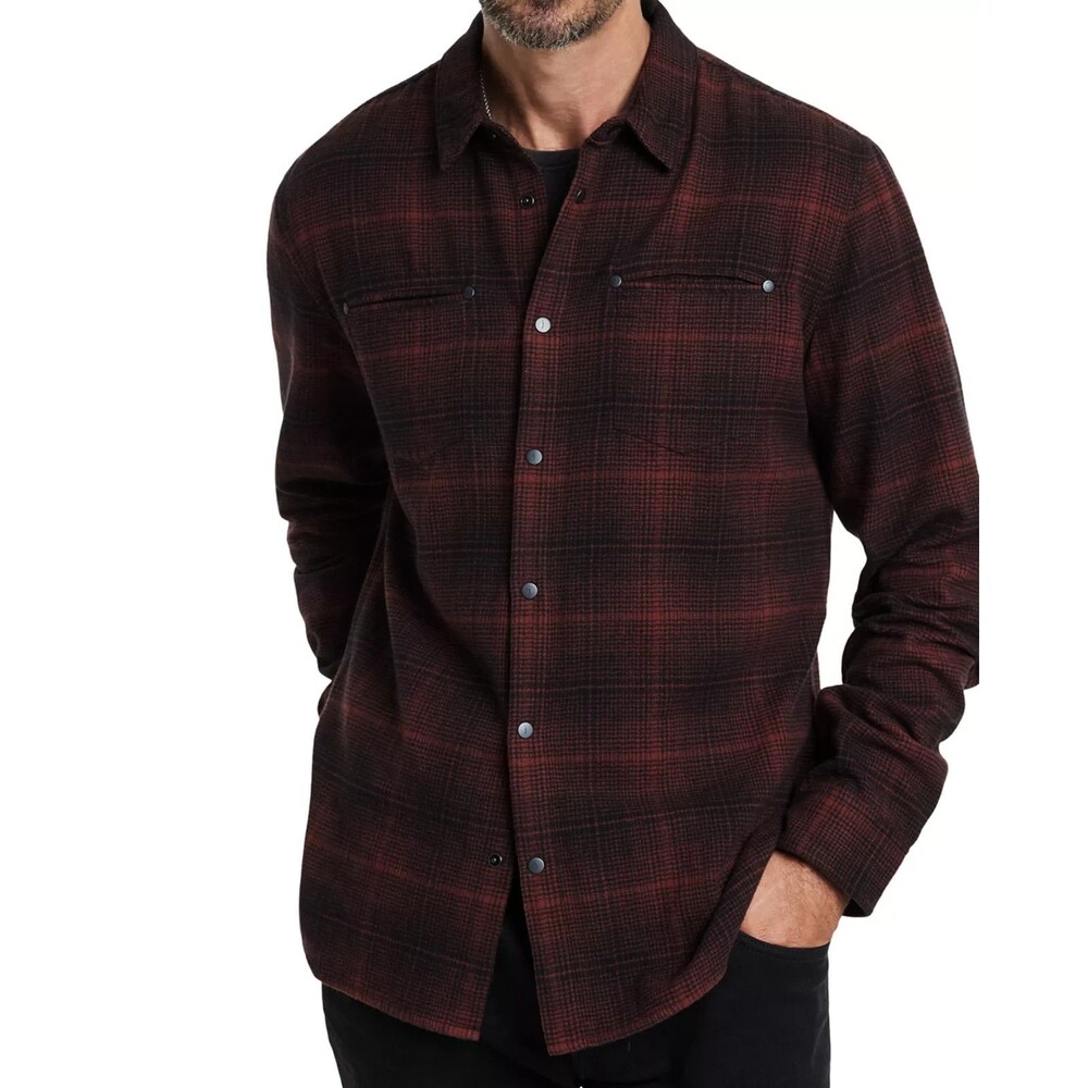 JOHN VARVATOS Shirt Mens Small Burgundy Plaid Brushed Flannel Check DARIO $228